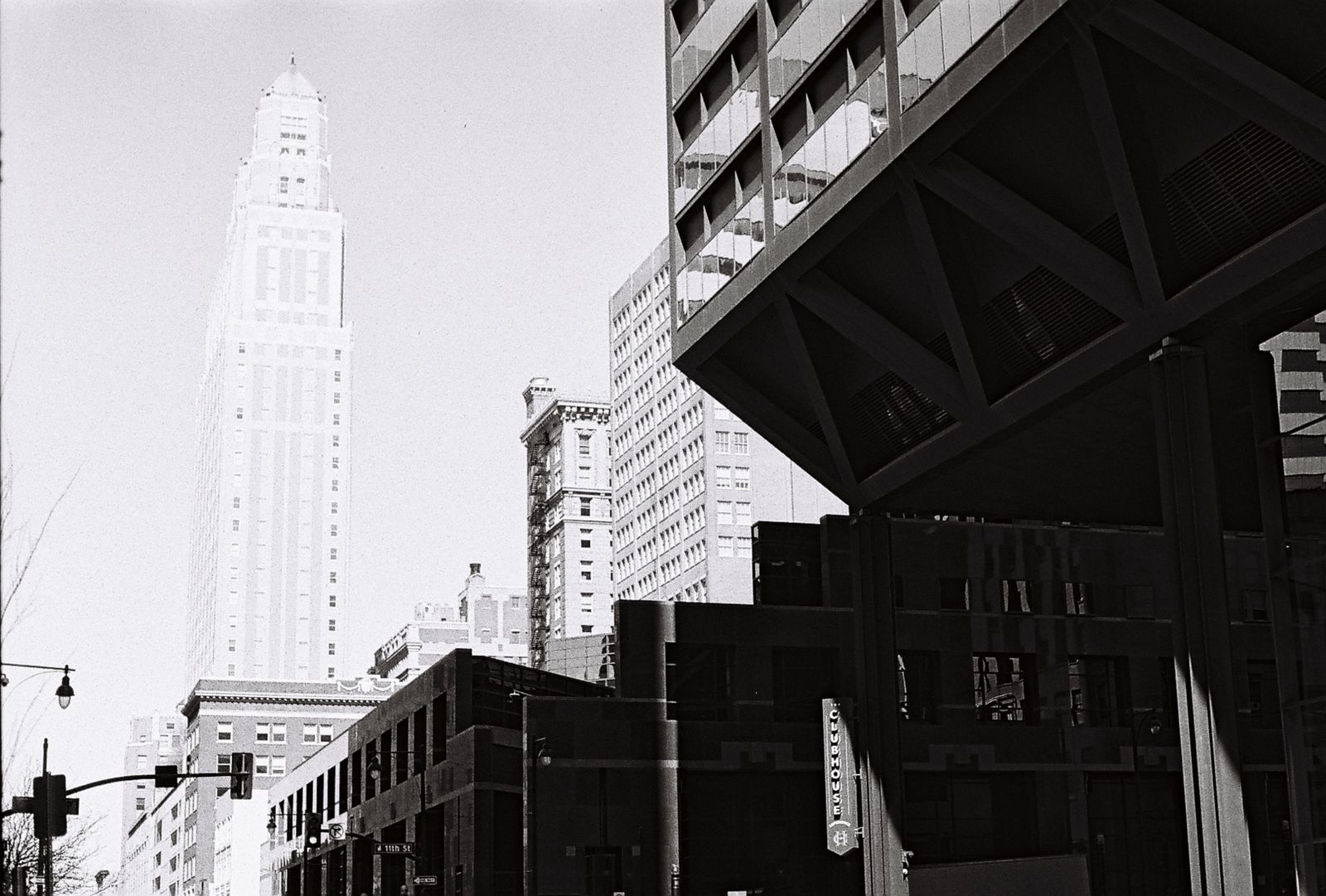 A striking black and white view of Kansas City's modern urban architecture