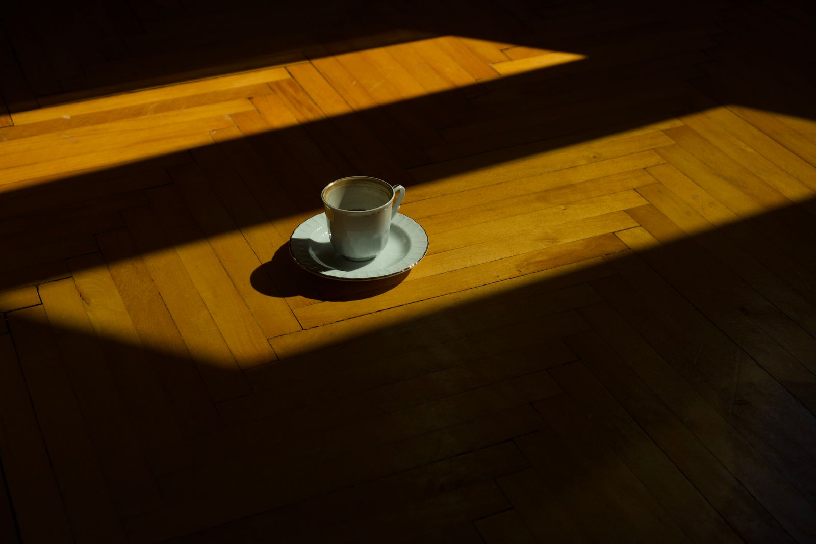 A single teacup casting a shadow on a sunlit wooden floor in Istanbul, Turkey