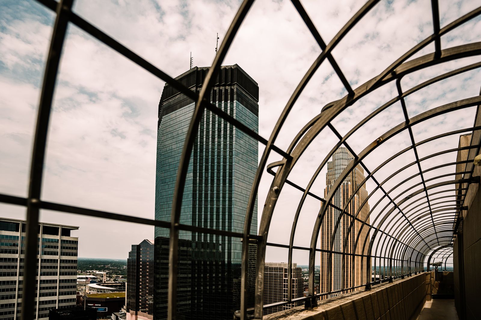 Aerial view of Minneapolis skyline showcasing modern skyscrapers and urban design