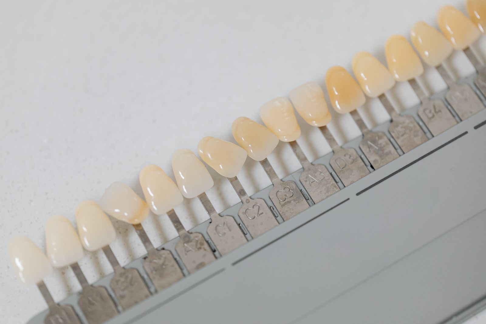 Close-up of a dental shade guide used for tooth color matching in dentistry