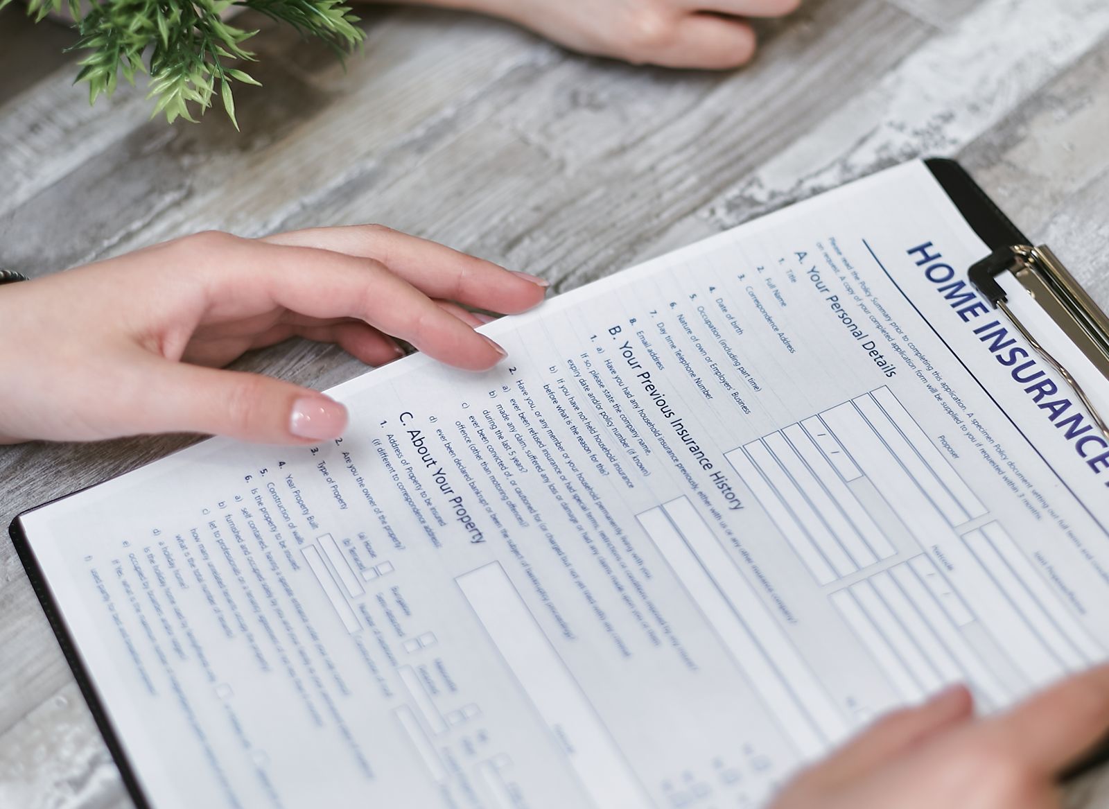 Close-up of hands holding a home insurance document indoors, showing personal details section